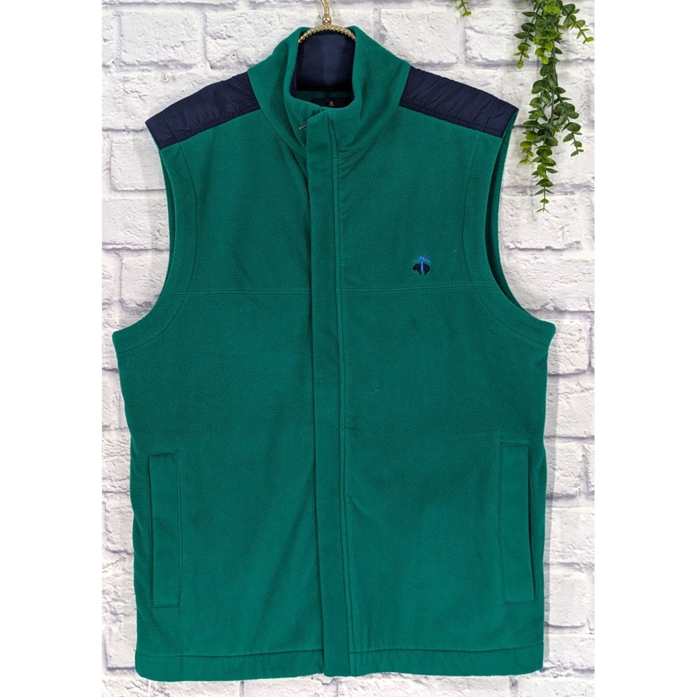 CLASSY🔥Brooks‎ Brothers Vest Men MED Green Navy Full Zip Fleece Sleeveless Golf